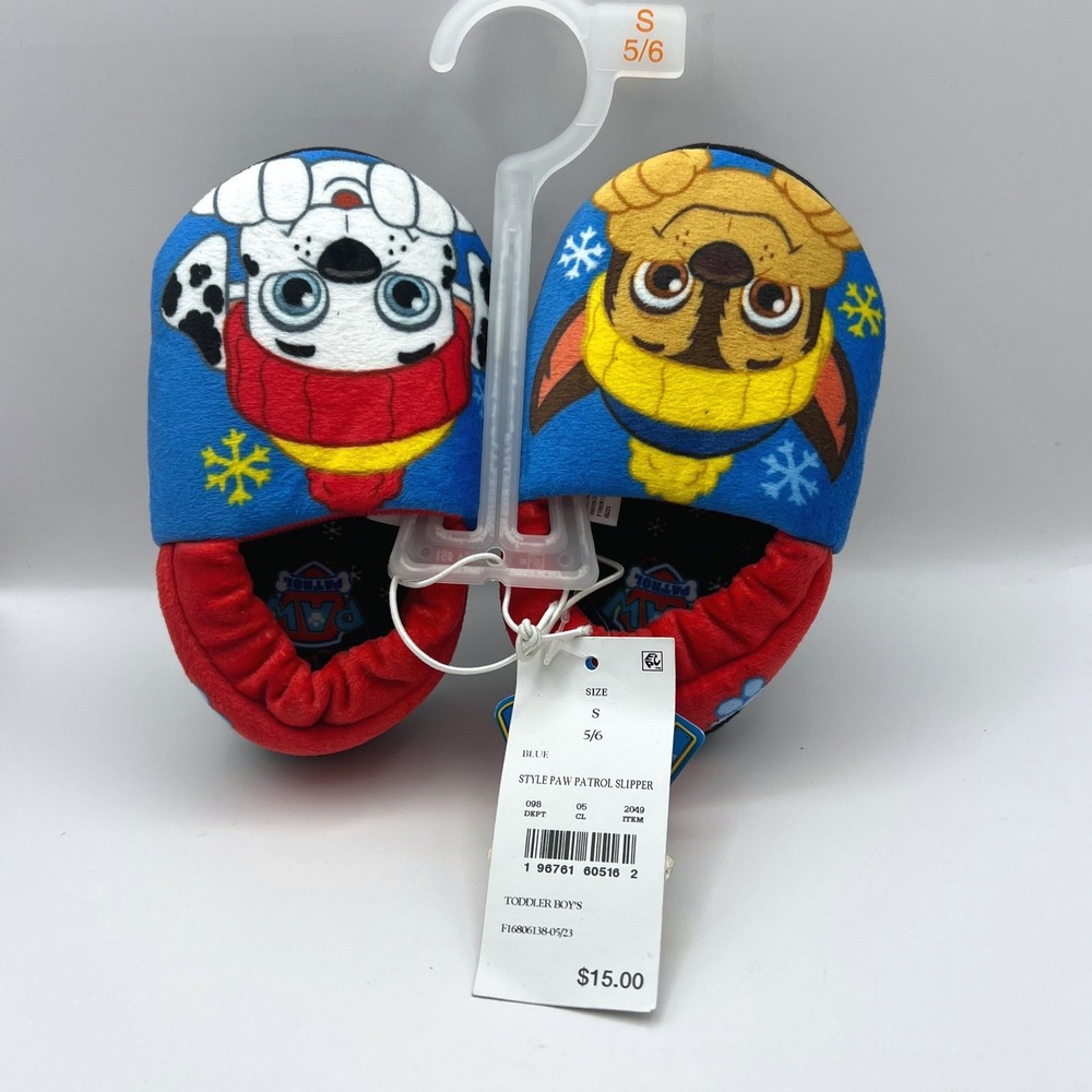 Paw Patrol Toddler Boys Chase Marshall Blue Red Winter Slippers Size S 5/6 NEW